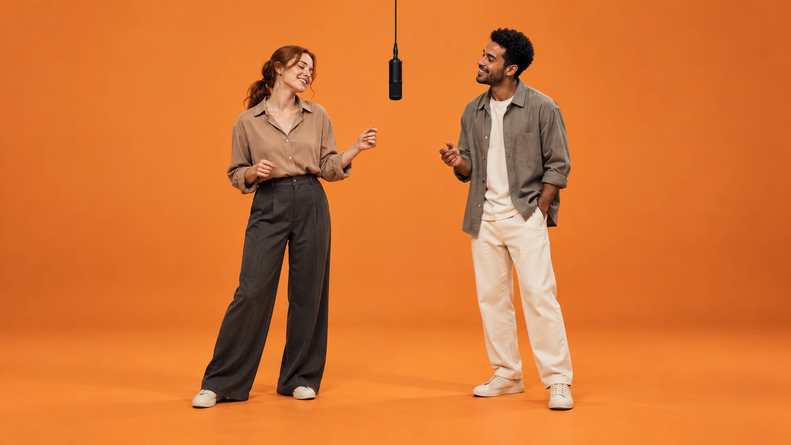 Couple: illustrated orange booth with two performers and a hanging microphone