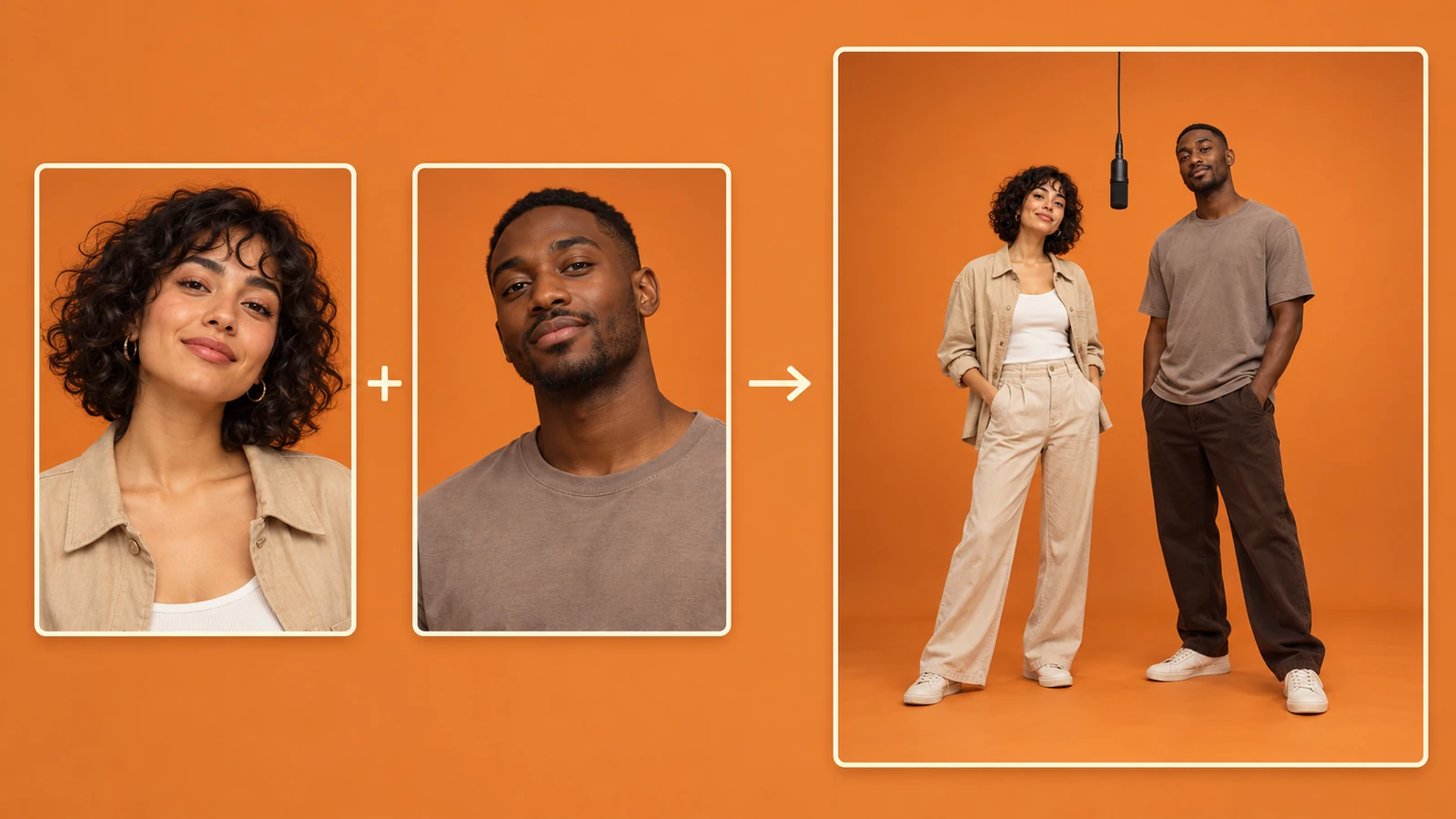 Two separate portrait photos combine into one orange studio duo