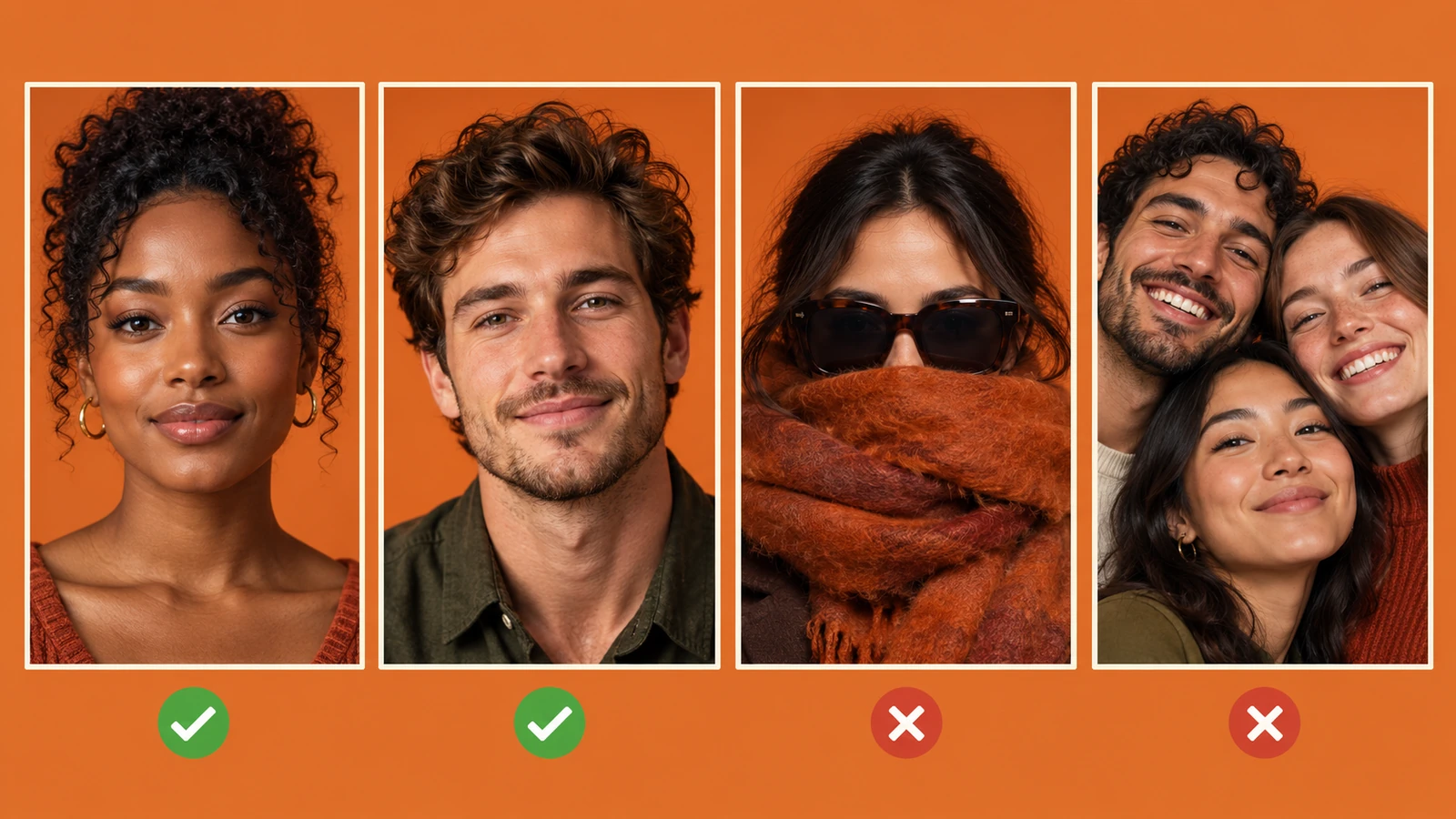 Good: two clear individual portraits. Avoid: sunglasses and a covered face, or multiple people in one photo.
