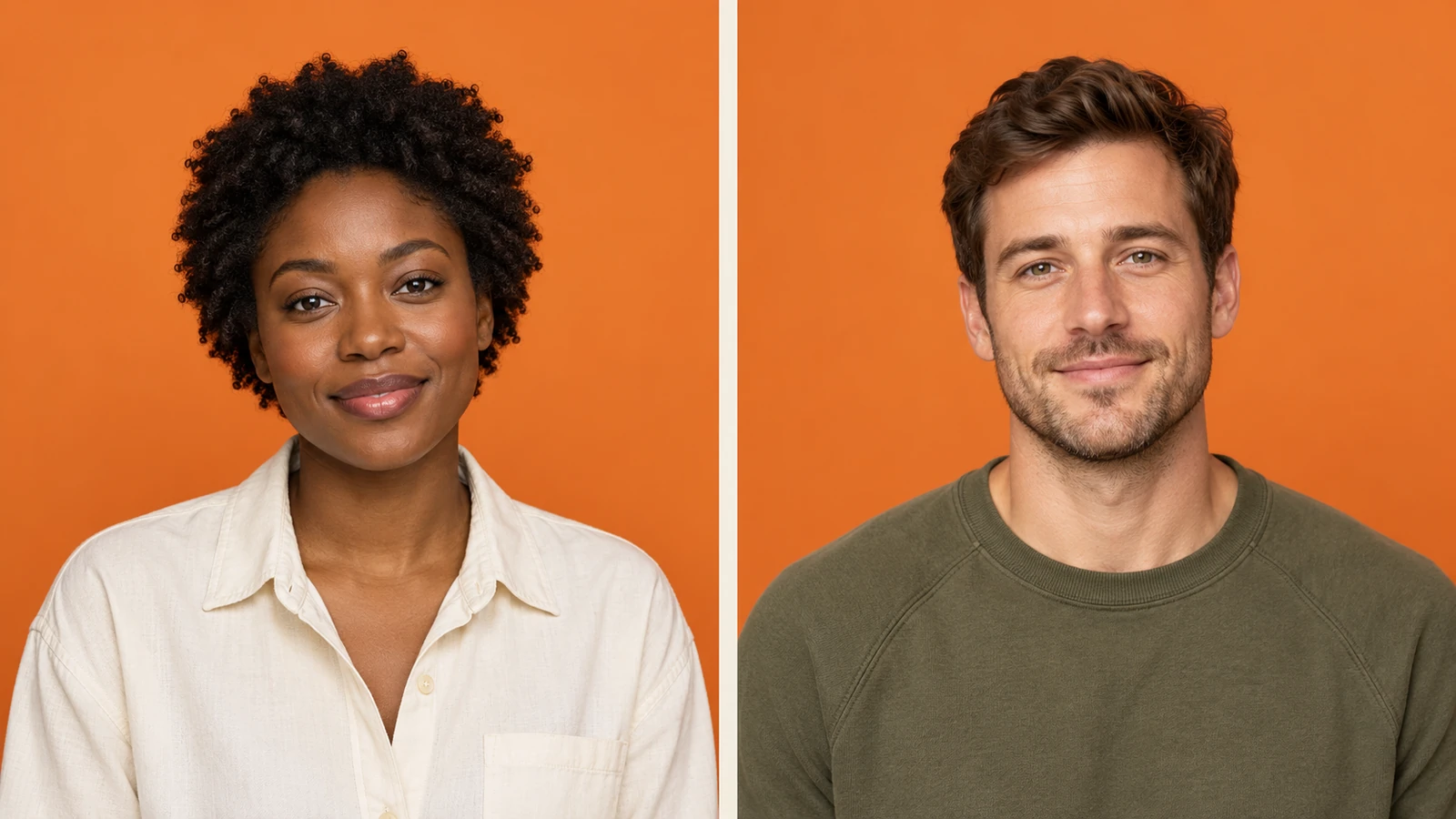 Two separate front-facing portraits with complete hairstyles and visible shoulders